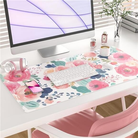 Large Pink Floral Desk Mat Mouse Pad Waterproof PU Leather Computer Desk Cover - Picture 2 of 8